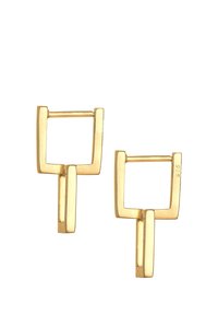 Boucles d'oreilles géométriques en ton or, présentant un design carré avec un accent en barre verticale, fabriquées en métal brillant, avec une texture lisse.