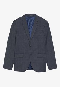 Blazer a quadri blu scuro con revers a punta, chiusura a due bottoni e tasche frontali. Fodera in satin blu liscio. Design classico e sartoriale.