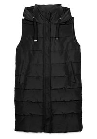Black sleeveless puffer vest with a high collar, front zip closure, two side pockets, and horizontal quilting pattern. Adjustable drawstring hood.