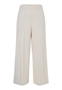 Weite Hosen aus hellem Beige mit vertikalen schwarzen Streifen. Mit einem glatten Bund und sauberen, taillierten Kanten.