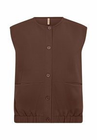 Bruine mouwloze vest met een ronde halslijn, een voorknopsluiting, twee zijzakken en een elastische tailleband voor een geraffineerd effect.