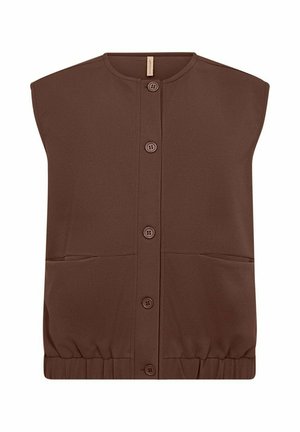 Bruine mouwloze vest met een ronde halslijn, een voorknopsluiting, twee zijzakken en een elastische tailleband voor een geraffineerd effect.