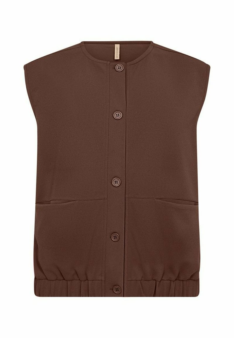 Bruine mouwloze vest met een ronde halslijn, een voorknopsluiting, twee zijzakken en een elastische tailleband voor een geraffineerd effect.