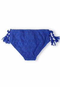 Blue crochet bikini bottoms with textured patterns, finished with adjustable ties and tassels on each side for a customizable fit.