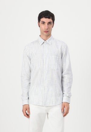 Long-sleeved shirt in white and light blue stripes, featuring a button-down collar and a chest pocket, made of lightweight fabric.