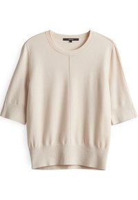 Heller beiger Kurzarmpullover mit Rundhalsausschnitt, gerippten Bündchen und Saum; bietet ein glattes, strukturiertes Strickmuster und eine zentrale Nahtdetails.