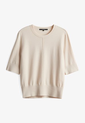 Lichtbeige korte mouwen sweater met een ronde hals, ribgebreide manchetten en tailleband; heeft een gladde, gestructureerde brei en centrale naaddetails.