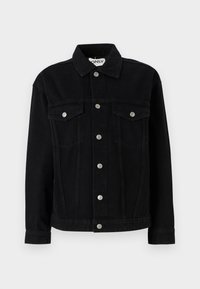 Schwarze Jeansjacke mit langen Ärmeln, einem spitzen Kragen und zwei Brusttaschen. Verfügt über silberne Druckknopfverschlüsse und einen geraden Schnitt.