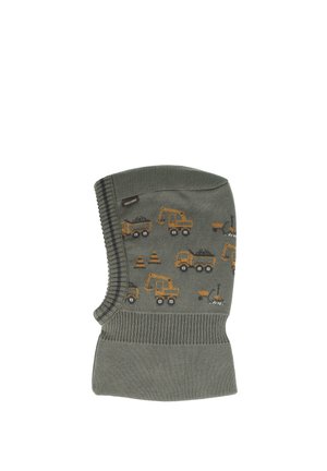 Grüne gestrickte Kinder-Balaclava mit orangenen Mustern von Baumaschinen und Verkehrskegeln.