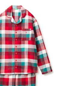 Červený a tyrkysový kostkovaný set pyžama z měkké látky, který zahrnuje košili na knoflíky s kapsou a odpovídající kalhoty s elastickým pasem.