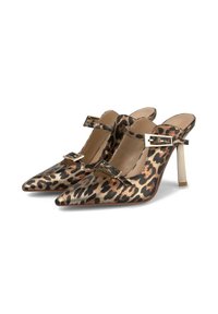 Zapatos de tacón slingback de estampado de leopardo con puntera afilada, detalles metálicos, tacón de aguja transparente de 10 cm, en tonos bronce y negro.