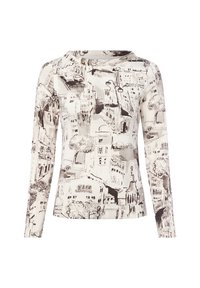 Langarmtop in roomkleur met zwart schetsachtig ontwerp van gebouwen en bomen. Heeft een ronde halslijn en een getailleerd ontwerp.