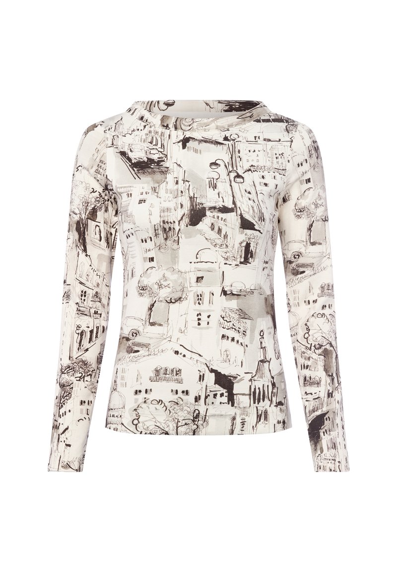 Langarmtop in roomkleur met zwart schetsachtig ontwerp van gebouwen en bomen. Heeft een ronde halslijn en een getailleerd ontwerp.