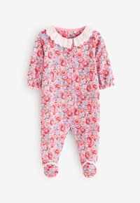 Floral-patterned baby romper in pink with red and blue flowers, featuring a white lace collar and elasticized sleeves and foot openings.