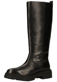 Botte en cuir noir montée jusqu'au genou avec une texture lisse, bout rond, semelle en caoutchouc épaisse et des détails de couture subtils sur le côté.