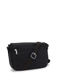 Borsa a tracolla nera con tracolla regolabile, tasca con zip sulla parte anteriore e superficie in tessuto testurizzato, mostrata su sfondo bianco.