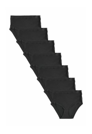 Sieben schwarze Unterhosen im High-Waist-Slip-Stil, gestaffelt vertikal auf einem weißen Hintergrund angeordnet.