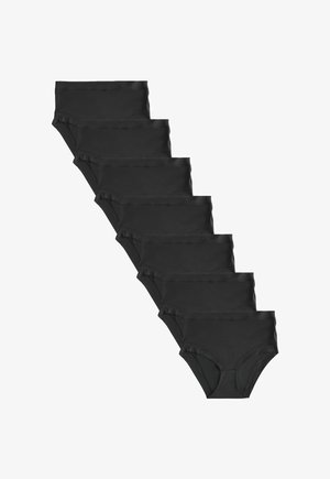 Sieben schwarze Unterhosen im High-Waist-Slip-Stil, gestaffelt vertikal auf einem weißen Hintergrund angeordnet.