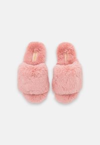 Pink plush slippers with a fluffy texture and an open slide design. Soft upper with a wide band across the foot for comfort.