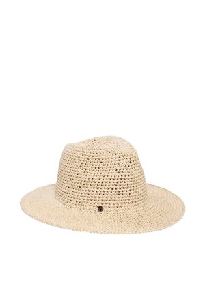 Beige wide-brimmed woven straw hat with textured pattern and small circular metal detail on the front.