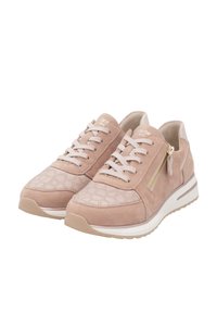 Lichtroze suède sneakers met een gestructureerd patroon op de neus, witte zool en metallic ritssluiting aan de zijkant.