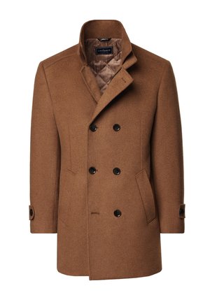 Brązowy wełniany płaszcz typu peacoat z podwójnym zapięciem, czarnymi guzikami, wykładanym kołnierzem i dwiema bocznymi kieszeniami. Wnętrze podszewki w jaśniejszym odcieniu.
