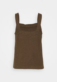 Brun ribbad linne med breda band, fyrkantig halsringning och en texturerad tygdesign. Åtsittande form med en modern silhuett.