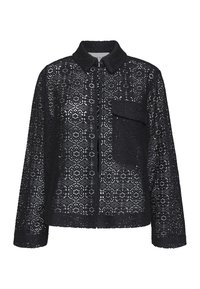 Sort blondejakke med krave, knaplukning, en påsyet lomme og geometriske udsnit i hele stoffet.