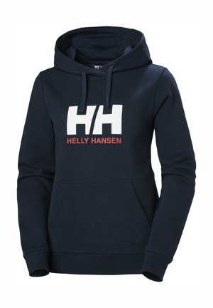 Sudadera azul marino con un bolsillo tipo canguro en la parte delantera, capucha con cordón y gran logo blanco "HH" con acentos rojos en el pecho. Tejido suave y texturizado.