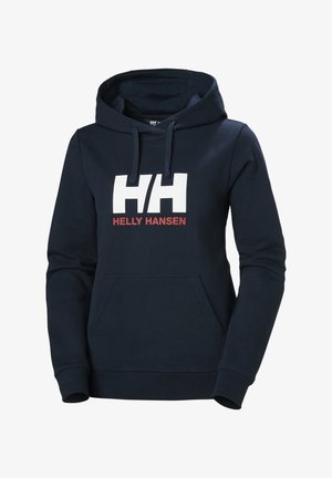 Marineblauwe hoodie met een voorste kangoeroezak, capuchon met trekkoord en groot wit "HH" logo met rode accenten op de borst. Zacht, gestructureerd materiaal.