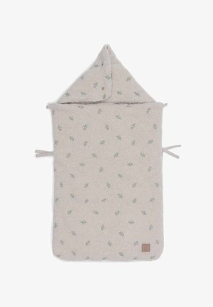 Fleece-gevoerde slaapzak met een puntige capuchon, lichtbeige kleur, verspreide bloemenpatronen en stropdassen aan elke zijde voor sluiting.