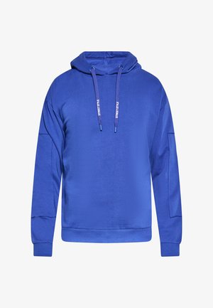 Blauwe hoodie met een trekkoordkap, lange mouwen en ribgebreide manchetten. Heeft een gladde textuur en een ontspannen pasvorm.