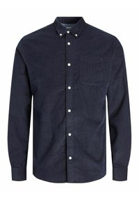 Camisa de pana azul marino de manga larga, con cuello abotonado, bolsillo frontal y botones blancos en la tapeta. Tejido texturizado con patrón acanalado.