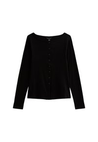 Czarny kardigan z długimi rękawami, wykonany z miękkiego materiału, z okrągłym dekoltem, 7 guzikami z przodu oraz krojem skróconym.