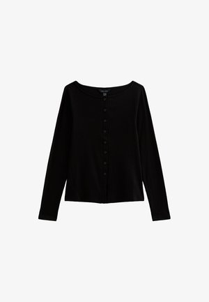 Zwarte cardigan met lange mouwen, gemaakt van zacht materiaal, met een ronde halslijn, 7 knoopsluitingen aan de voorkant en een cropped ontwerp.