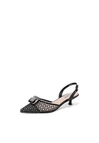 Scarpa slingback in rete nera con punta appuntita, decorata con un grande cristallo trasparente sul davanti e un piccolo tacco kitten.