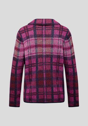 Hemdjacke mit einem karierten Muster in Pink-, Marineblau- und Weinrot-Tönen. Hergestellt aus strukturiertem Stoff, mit langen Ärmeln und geradem Schnitt.