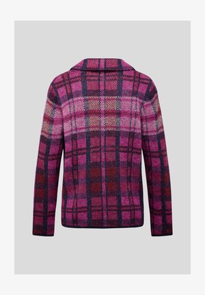 Hemdjacke mit einem karierten Muster in Pink-, Marineblau- und Weinrot-Tönen. Hergestellt aus strukturiertem Stoff, mit langen Ärmeln und geradem Schnitt.