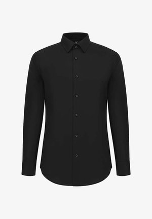 Czarna koszula z długim rękawem z kołnierzykiem zapinanym na guziki, charakteryzująca się gładką fakturą i sześcioma dopasowanymi guzikami z przodu.