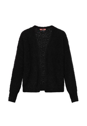 Musthave musta, avatud esiga kardigan, mis on valmistatud kohevast tekstuurist kangast. Kardiganil on pikad varrukad ja mugav lõige, millel on peen soonikkoes äär.