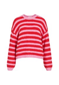 Czerwony i różowy sweter z miękkiego dzianego materiału z poziomymi, szerokimi paskami, długimi rękawami i okrągłym dekoltem.