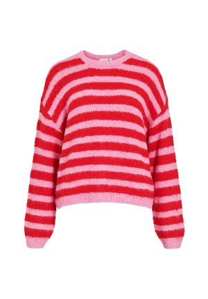 Czerwony i różowy sweter z miękkiego dzianego materiału z poziomymi, szerokimi paskami, długimi rękawami i okrągłym dekoltem.