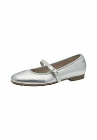 Zilveren ballerina's met een ronde neus, een dunne band voor een veilige pasvorm, een gladde metallic textuur en een lage, vierkante hak.