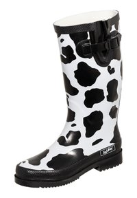 Black and white calf-height rubber rain boot with a cow print pattern, textured sole, and adjustable buckle at the top.