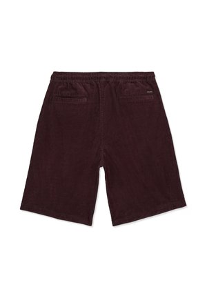 Dunkelbraune Cord-Shorts für Herren mit elastischem Bund und zwei Gesäßleistentaschen, davon eine mit kleinem Markenlabel.