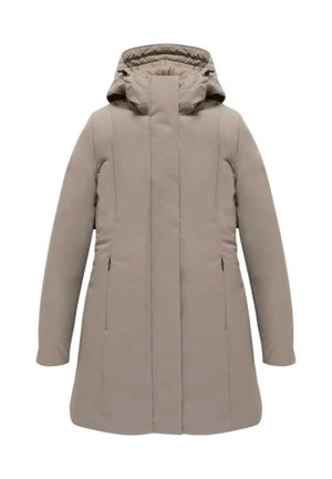 Bež izoliran plašč s kapuco, navpičnim šivanjem in z zadrgo zaprtimi stranskimi žepi. Gladek otip, dolžina do sredine stegen in minimalističen dizajn.
