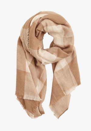 Blød beige og creme ternet halstørklæde med frynser, løst foldet og draperet.