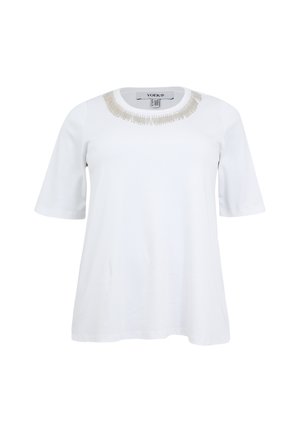 Blouse blanche à manches courtes avec encolure ronde et détail de franges métalliques, présentée sur un fond blanc uni.