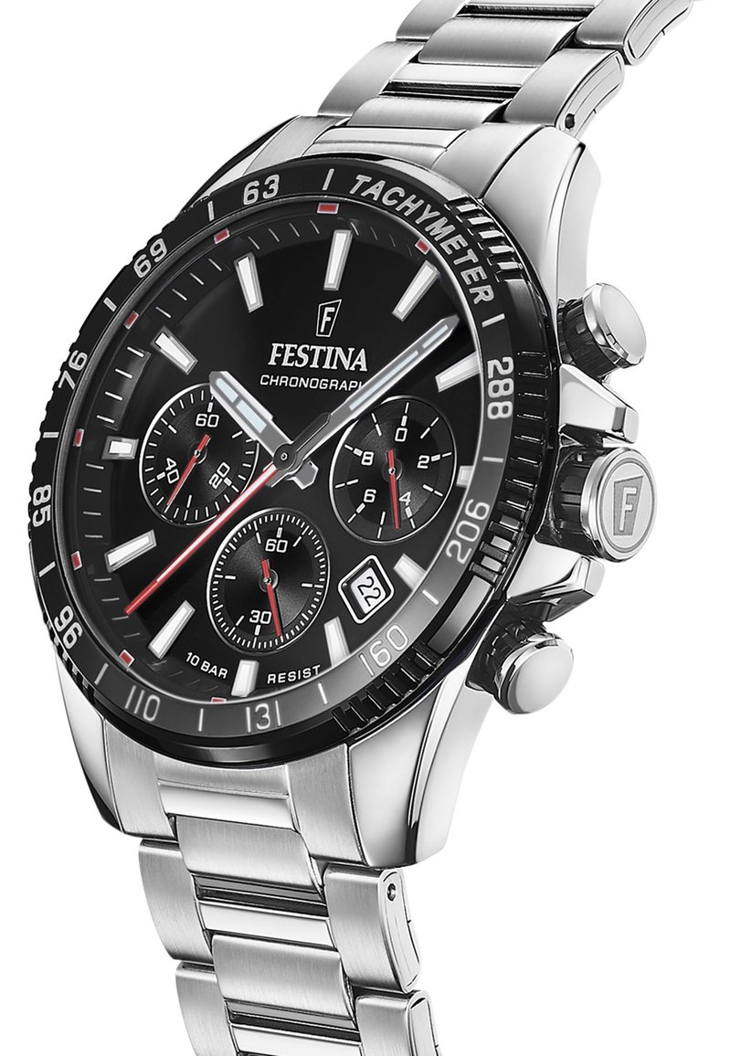 Festina Cronografo Timeless Chronograph Uomo, Quadrante Nero, Bracciale In Acciaio, Impermeabile 10 Bar