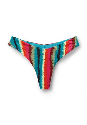 Kolorowe bikini z dolną częścią w pasy w kolorach czerwonym, turkusowym, brązowym i kremowym. Posiada niską talię i miękki materiał.